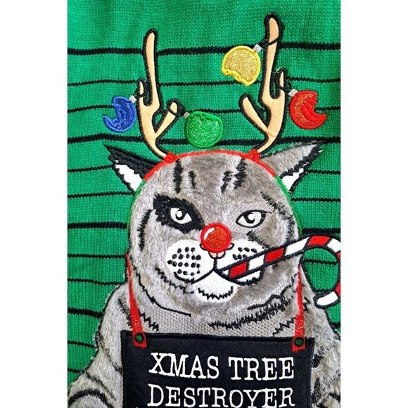 33 Degrees L Ugly Christmas Sweater Cat Mug Shot Long Sleeve Pullover New w/Tags - Picture 4 of 10